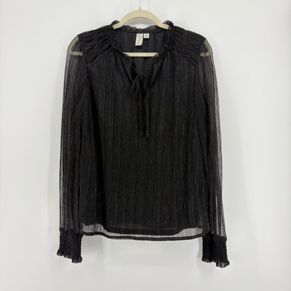 Joie Womens Large Black Metallic Pleated Blouse Tie Neck Smocked Long Sleeve